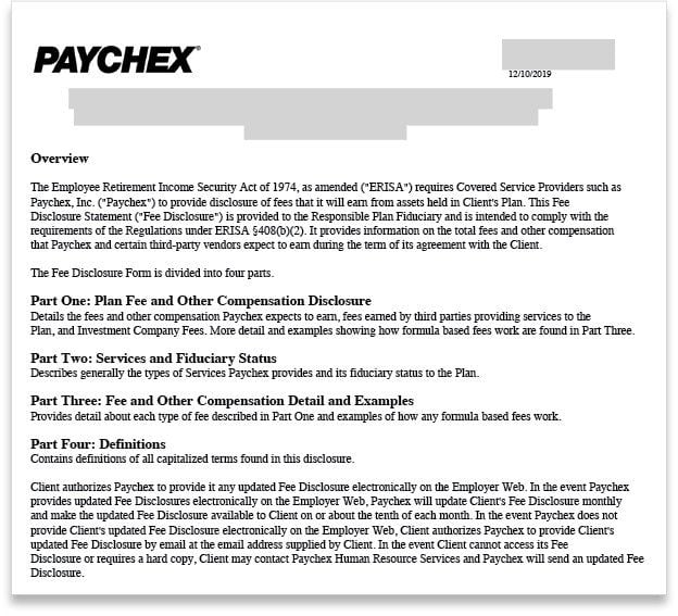 Paychex Retirement Plan Fee Disclosure Statement