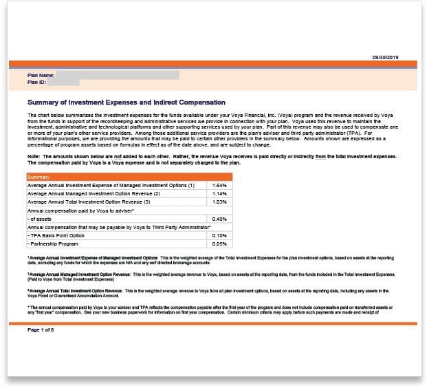 VOYA Summary of Investment Expenses and Indirect Compensation